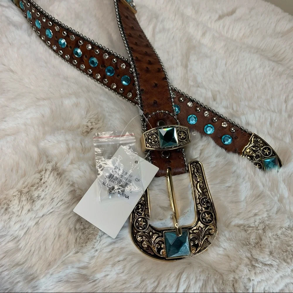 Men's West Star Texas Leather Bling Belt with Blue Crystal Conchos Size Large - Picture 5 of 11